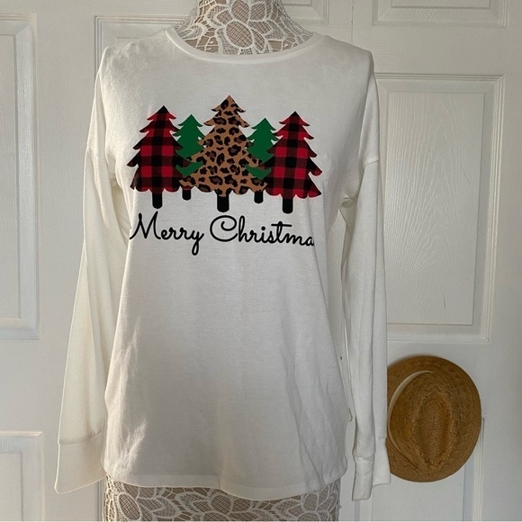 Modern Canvas long sleeve white Christmas Holidays Shirt Christmas Trees Small - Picture 1 of 8